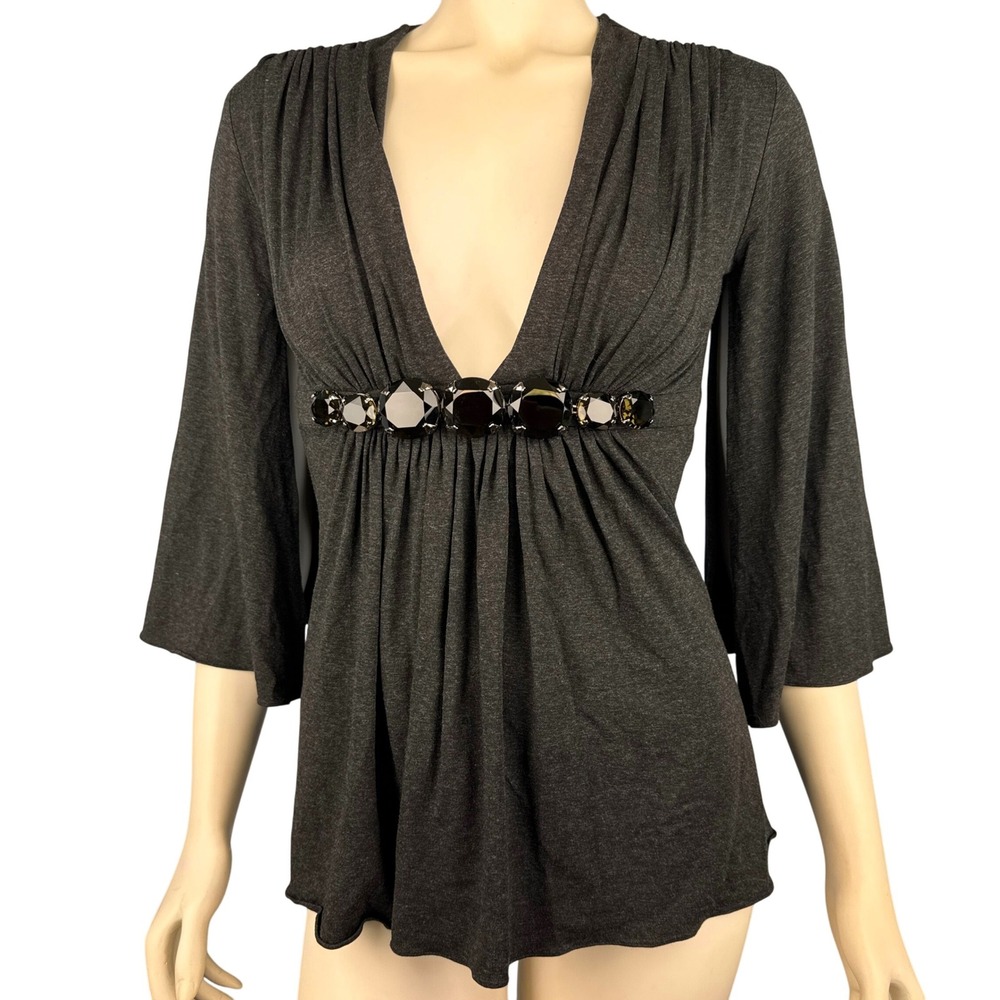 Sky‎ Brand Y2K Top Green Rhinestones Empire Waist Small Grey 2000s Rare Clubwear - Picture 10 of 14